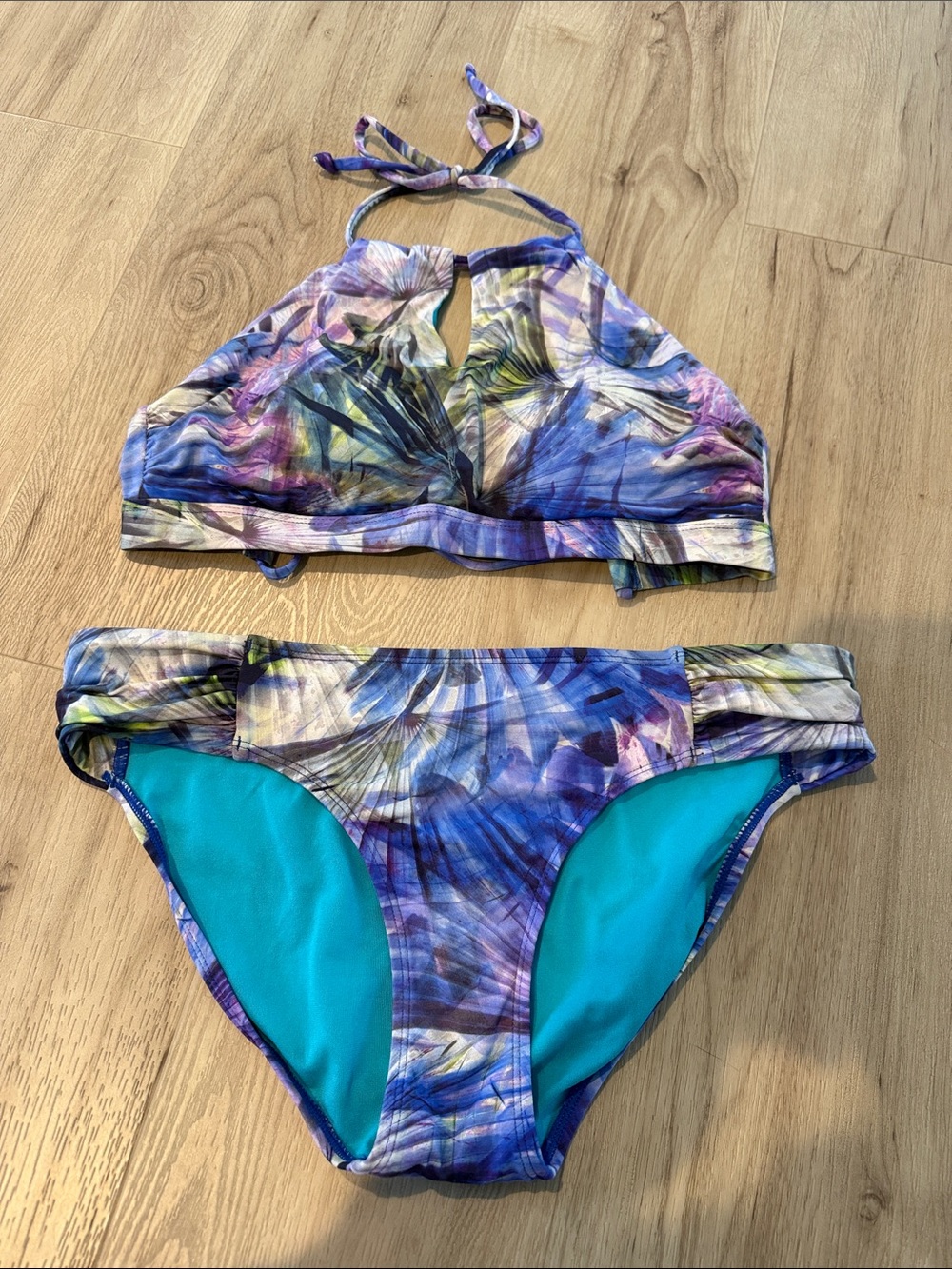 Athleta Purple Blue Floral Halter Bikini Set